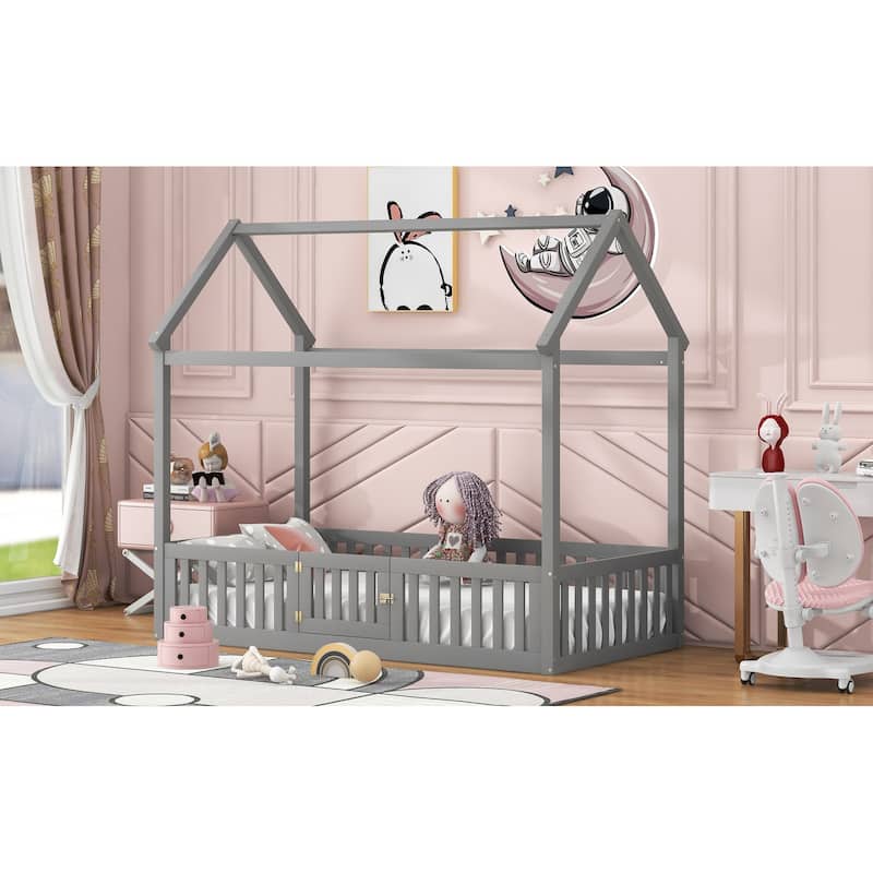 Twin House-Shaped Bed with Fence and Door, Distressed Finish, Solid Pine Wood Frame for Kids' Bedroom
