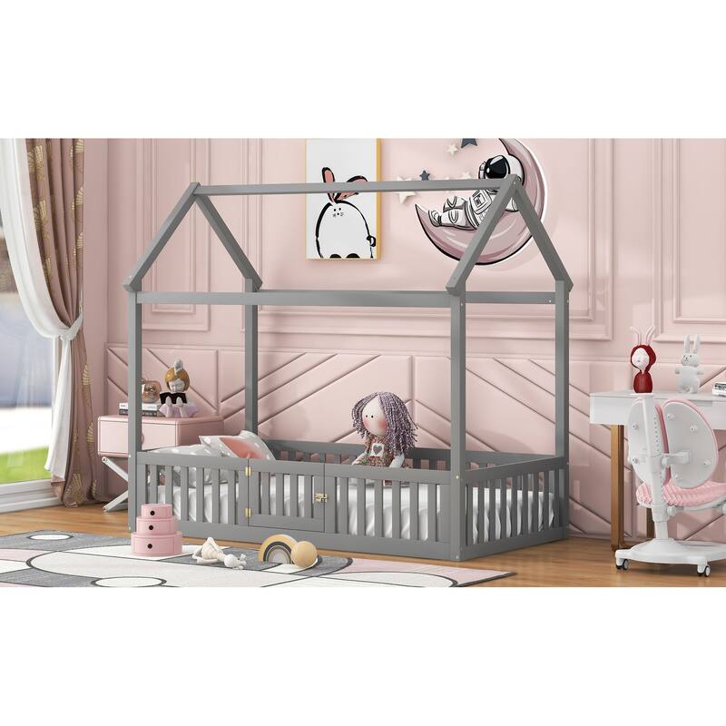 Twin Size Gray Wooden House Bed with Fence and Door for Kids