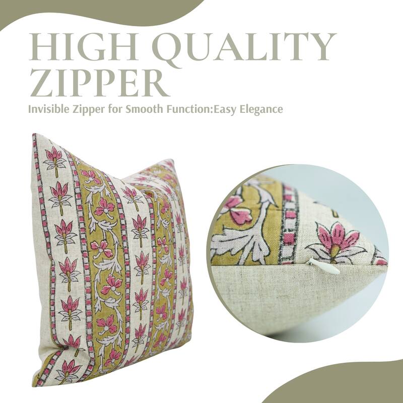 Fabdivine Viscose Linen Floral Block Print 12x20 Inches Pillow Cover for Eco Style Fall Home Decor Pink Cushioncase, Laxmi