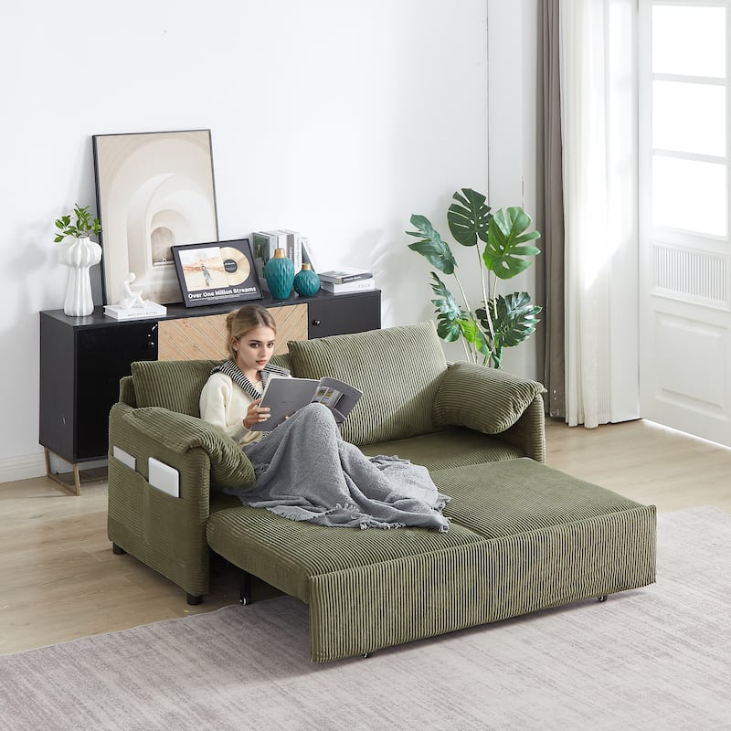 64.5" Loveseat Sofa with Pullout Bed,Corduroy Convertible Sleeper Sofa