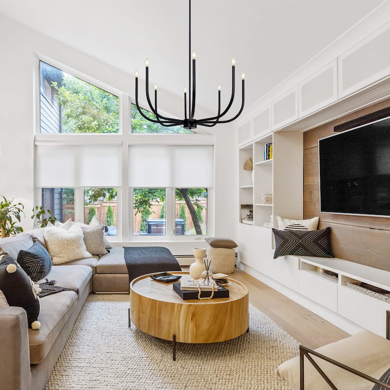 Mid-Century Modern Black 8-Light Chandelier Wheel Ceiling Light for Dining Living Room - D 40.1" x H 19"