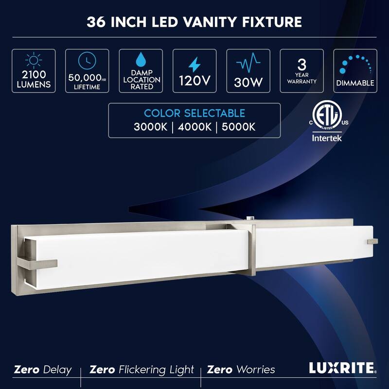 Luxrite 36" LED Vanity Light Brushed Nickel Bathroom Light Fixture 3CCT 30W 2100 Lumens Dimmable Damp Rated ETL Listed