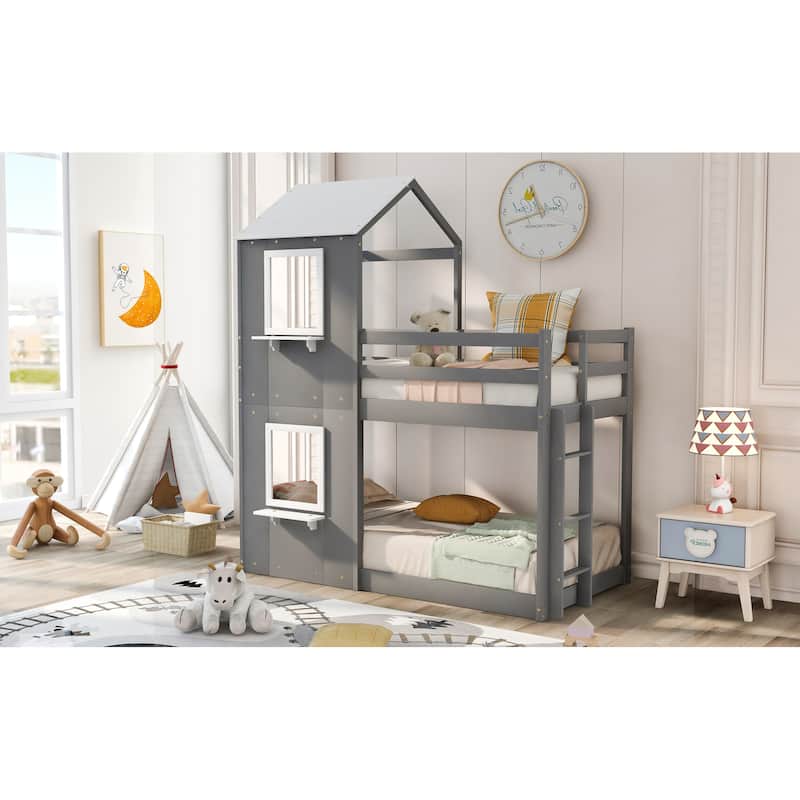 Twin Over Twin Bunk Bed Wood Bed with Roof, Window, Guardrail, Ladder (White)