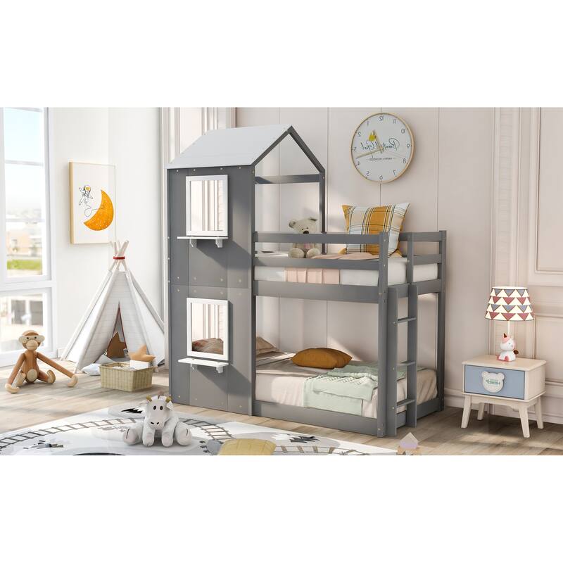 White Twin Over Twin Wood Bunk Bed with Roof, Window, Guardrail, and Ladder