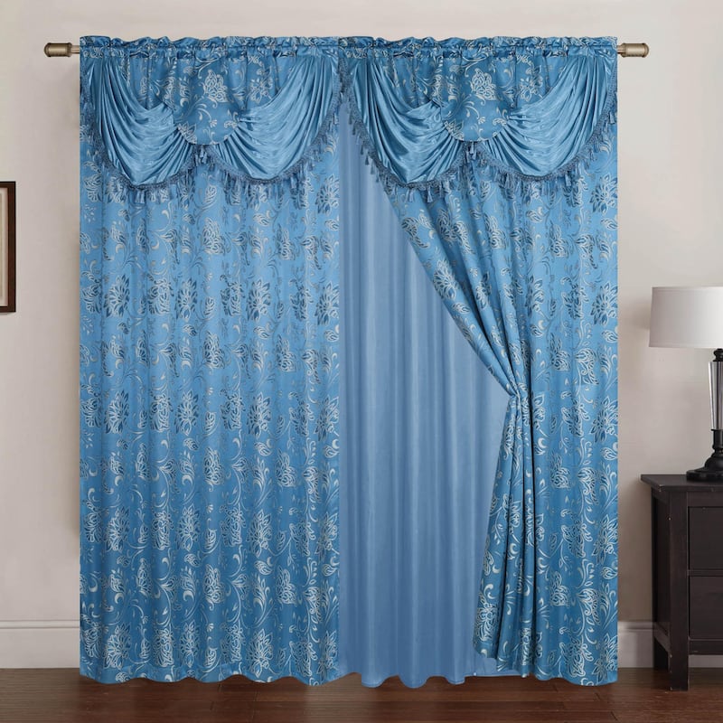 Clayton Jacquard Rod Pocket Curtain Panel Pair with Attached Valance - Blue