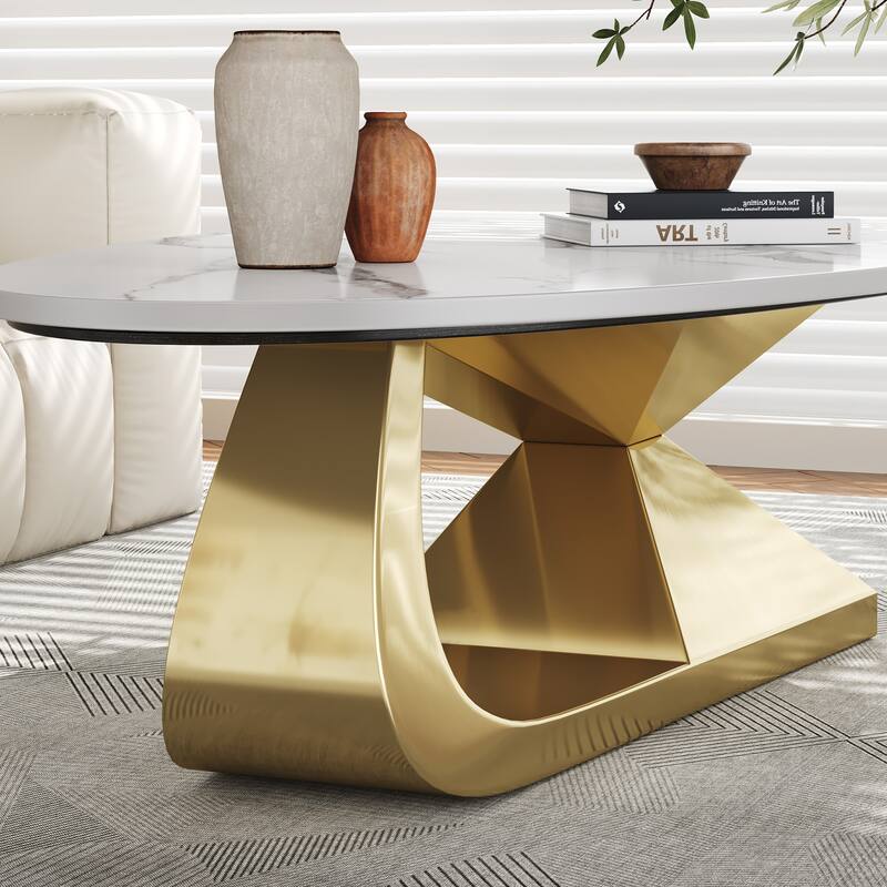 Modern Sintered Stone Tabletop Coffee Table with Stainless Steel Base - Elegant and Durable Living Room Centerpiece