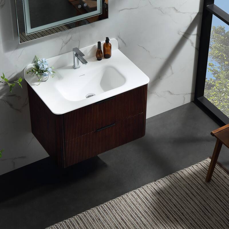 Modland Fluted Floating Vanity with Sink, Plywood Wall Mount Cabinet, Curved Edge, 24/30/36 Inch