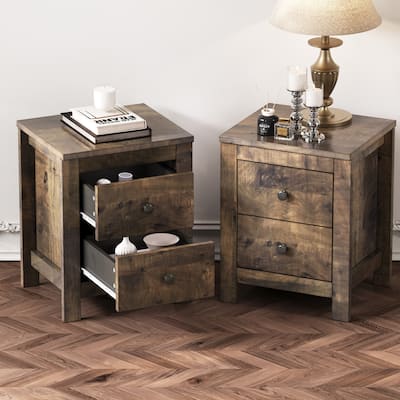 Farmhouse Wooden 2-Piece Nightstand with Retro Design and 2 Drawers