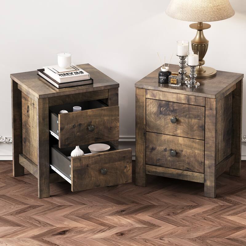 Set of 2 Farmhouse Wooden Nightstands with Retro Design and Storage - Walnut