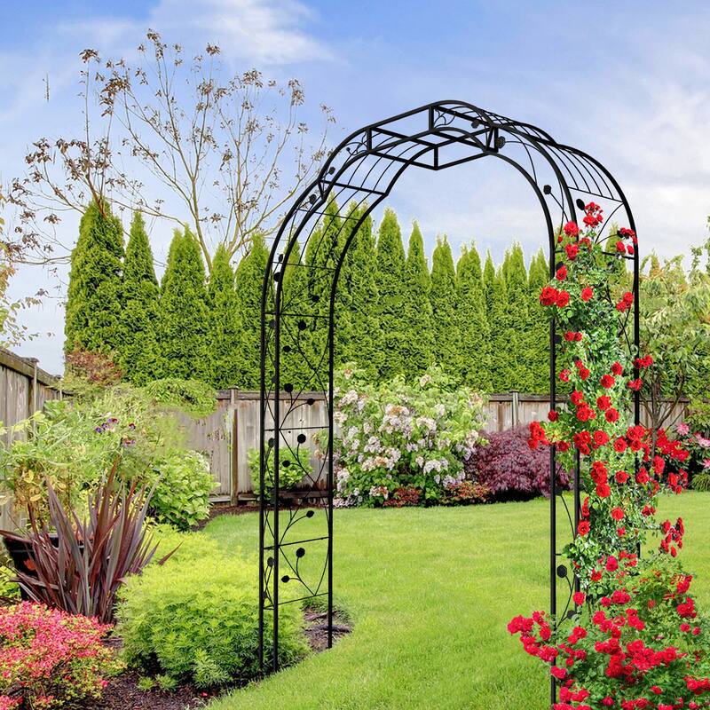 Anmytek Metal Garden Arch with Intricate Scrollwork, Weather Resistant Black Finish, Climbing Plant Trellis for Roses, Clematis