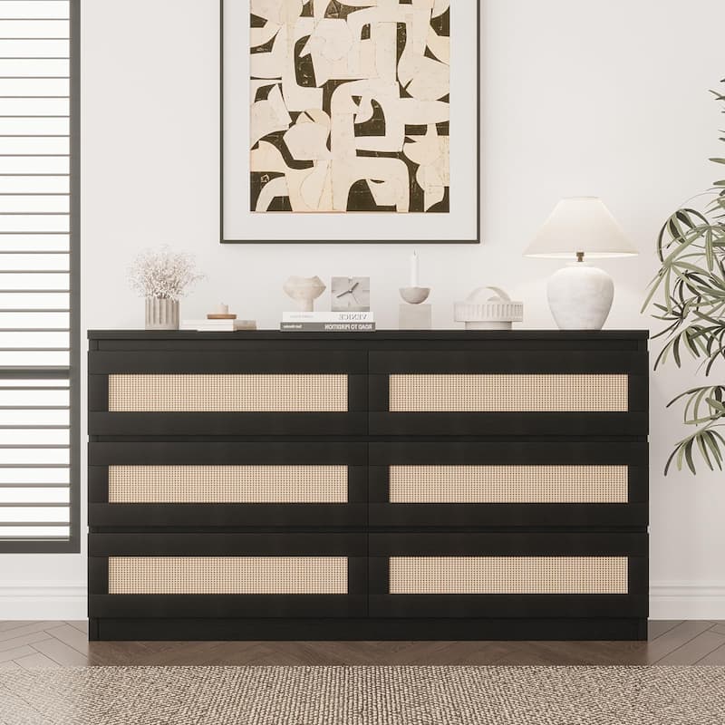 6/8 Drawer Rattan Dresser for Bedroom, Double Wood Chest of Drawers for Closet, Nightstand, TV Stand
