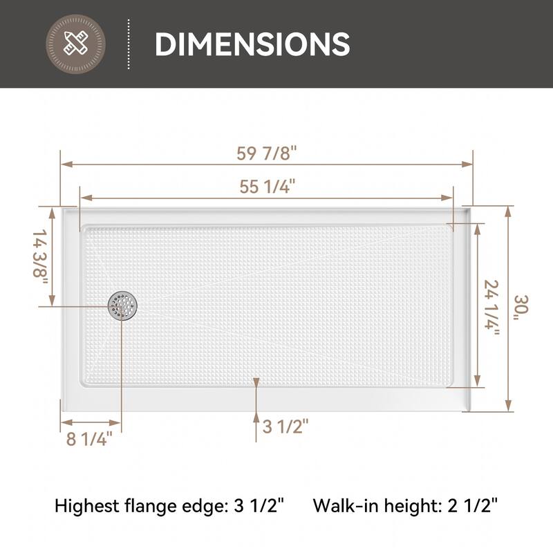 HOROW 60 x 30 Inch Alcove Shower Pan Base in High Gloss White with Wide Threshold Design - Left Drain Location