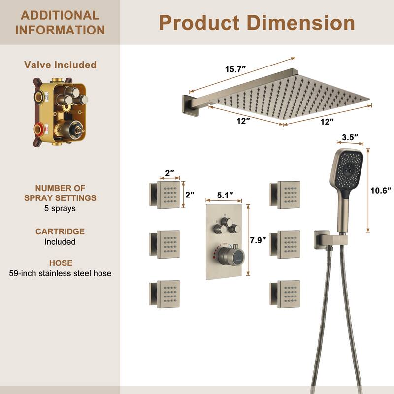 Wall Mount 12 Inch Rainfall Shower Head 3 Function Thermostatic Shower System with 6 Body Jets