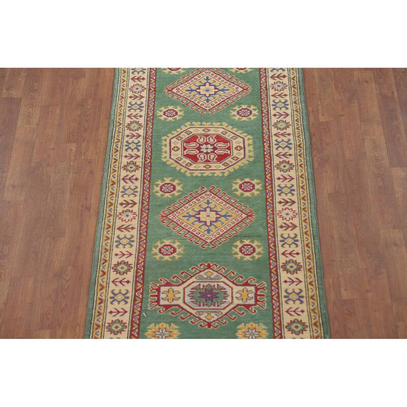 Green Kazak Runner Rug Hand-Knotted Wool Carpet - 2'8" x 16'3"