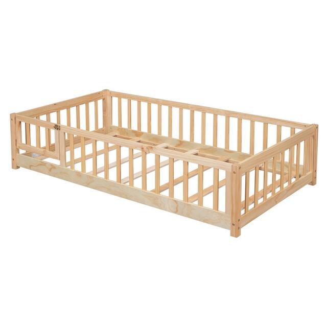 Twin/Full/Queen size Floor Platform Bed with Fence and Door for Kids, Toddlers