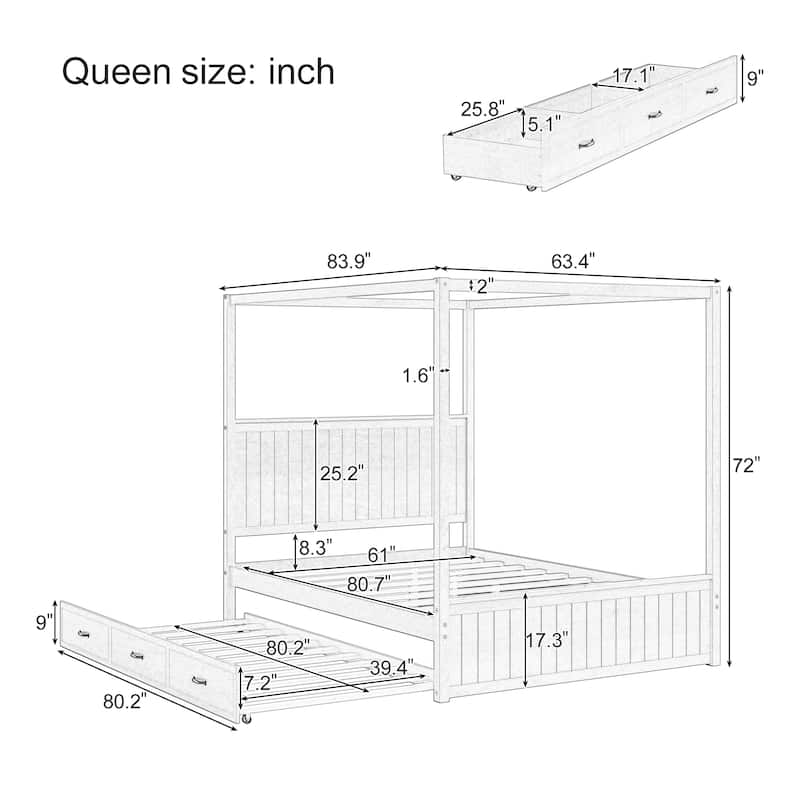 Modern Queen Size Canopy Platform Bed with Trundle and Three Storage Drawers,4-Post Solid Wood Bed Frame with Headboard