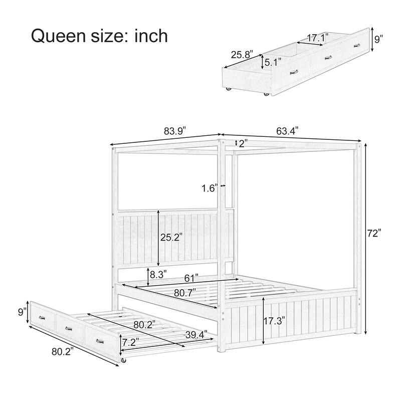 Queen Size Platform Canopy Bed with Trundle Bed and 3 Drawers Storage Bed, 4-post Solid Wood Bed Frame with Wingback Headboard