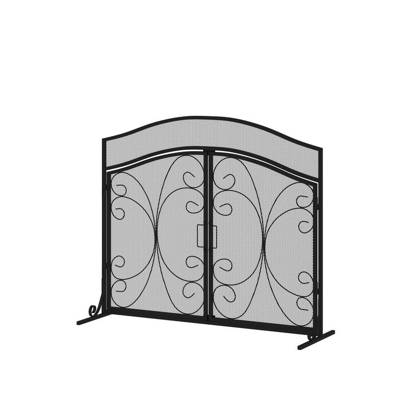 Classic Black Wrought Iron Fireplace Screen with Arched Double Doors, Decorative Mesh Fire Guard for Indoor Home Hearth Safety