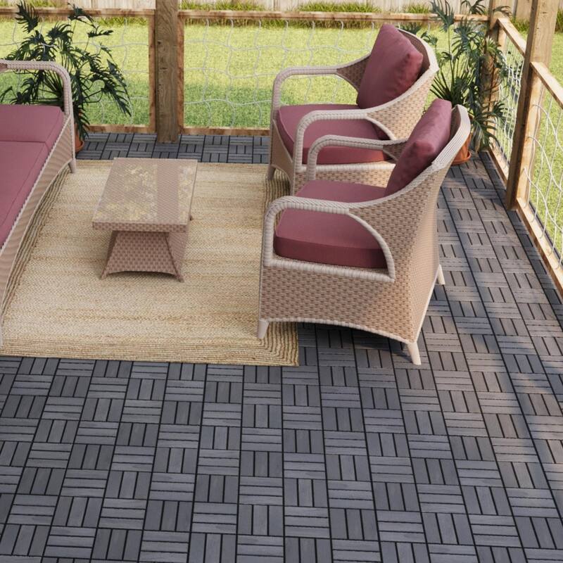 Interlocking Deck Tiles Checker Pattern, 12" x 12" Square Acacia Hardwood Outdoor Flooring