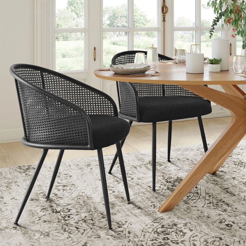 19" Seat Height Rattan Boucle Dining Armchair(Set of 2)