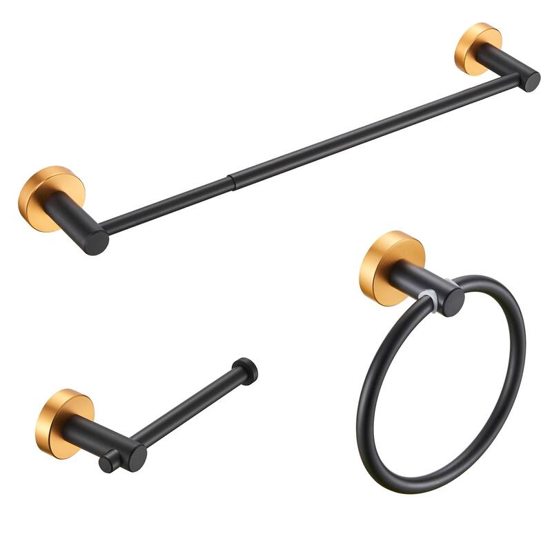3 Piece Bathroom Hardware Set Wall Mount Adjustable Towel Bar, Hand Towel Ring, Toilet Paper Holder With Mounting Hardware - Black & Gold