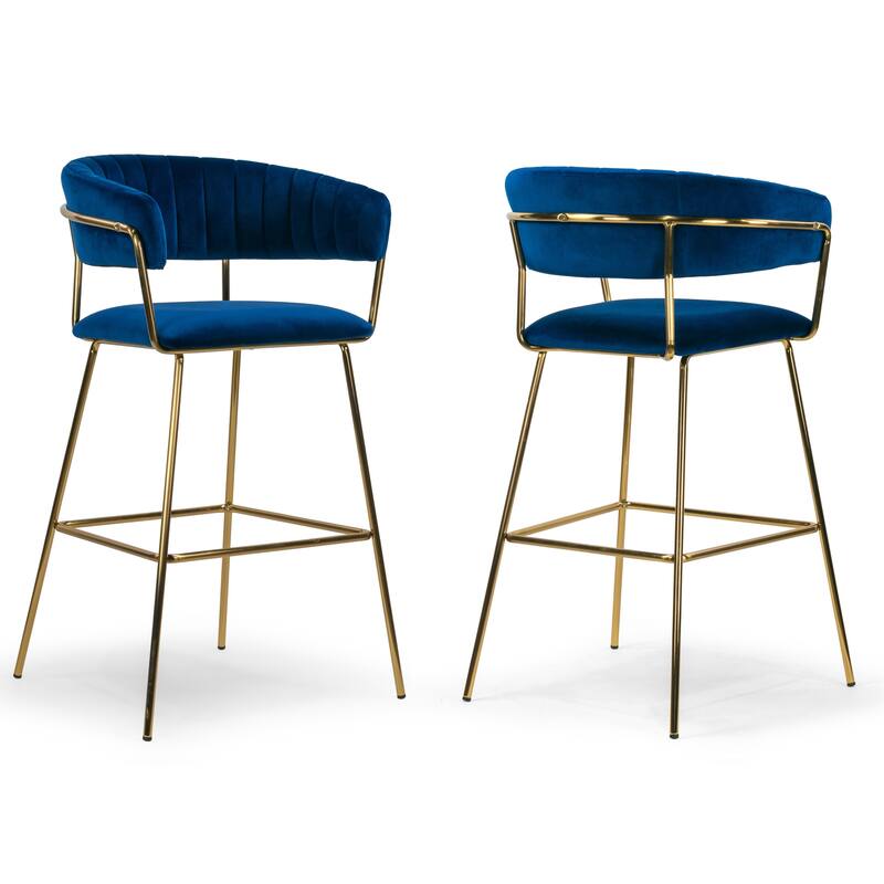 Set of 2 Anya Blue Velvet Barstool with Golden Metal Legs