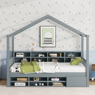 Wooden House Headboard Bed Frame w/ Shelves & Mini-cabinet, Unisex