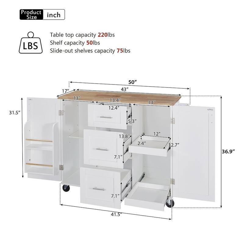 Rolling Kitchen Island Cart with Wheels and Storage