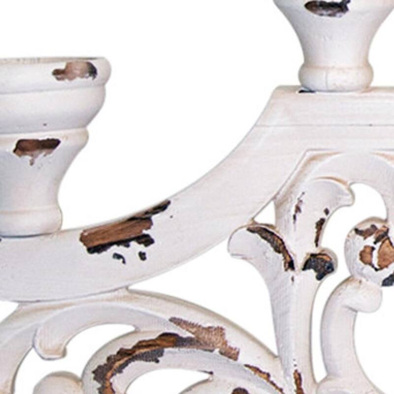 34" White Distressed Wood Tabletop Five Light Candelabra