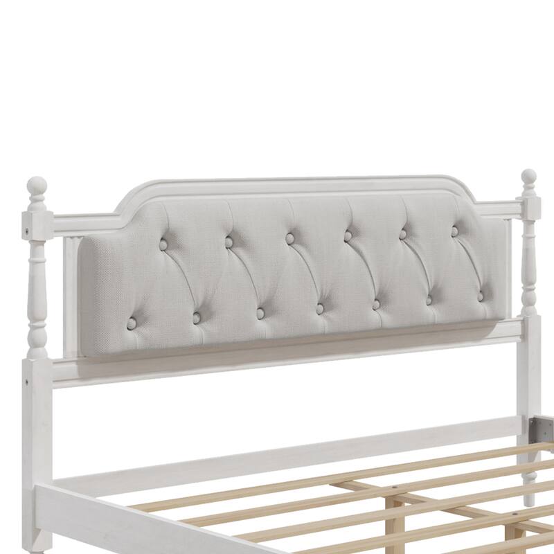 Queen Size Solid Wood Bed Frame with Tufted Upholstered Headboard, No Box Spring Needed, Antique White