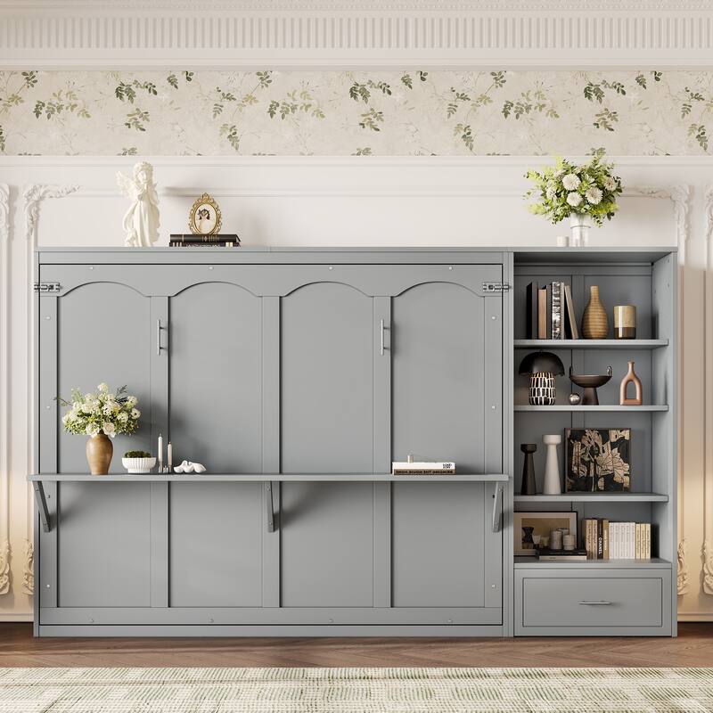 Murphy Bed Queen Size Wall Bed Heavy Duty Cabinet Bed Frame with with 4-Tier Storage Compartments 1 Drawer Convertible Bed