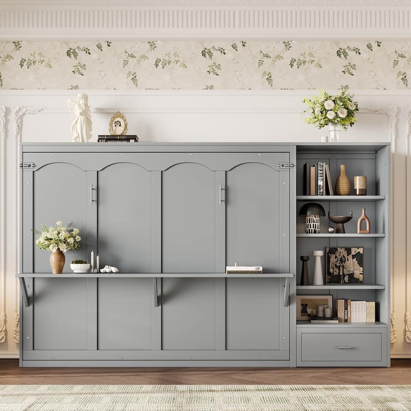 Queen Size Murphy Bed with Storage Compartments and Shelf