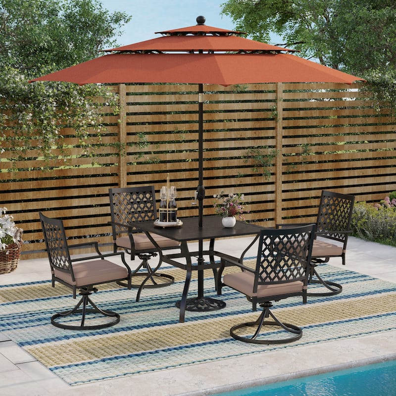 MAISON ARTS 6-Piece Metal Patio Dining Set: 4 Swivel Chairs, 1 Steel Frame Square 37" Table and 1x10ft 3-Tier Red Umbrella - SlatTable-Red