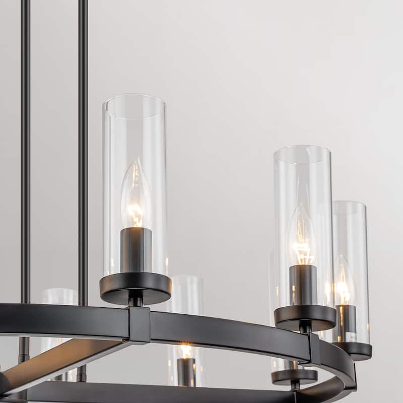 12-Light Mid-Century Modern Gold/Black Clear Glass Large Wagon Wheel Chandelier for Dining Room/ Living Room - N/A-Black