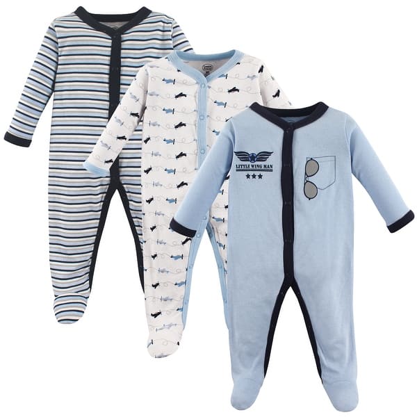 slide 1 of 1, Luvable Friends Baby Boy Cotton Snap Sleep and Play 3pk, Blue Airplane 0-3 Months