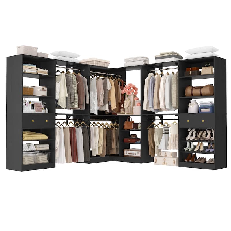 Zyntex Corner Closet System with 2 Wooden Drawers and 6 Hanging Rods, Freestanding Walk-in Closet Organizer with Storage Shelves