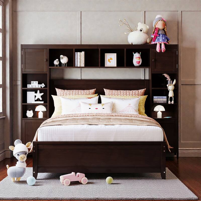 Full Size Wooden Platform Bed with Storage Drawers, All-in-One Cabinet and Shelf Headboard
