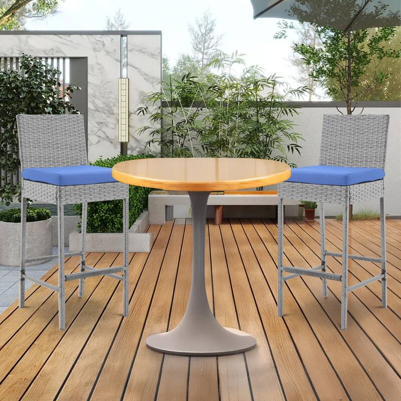 Rattan Bar Stools Set of 2, Armless Wicker Bar Stools with Cushions, All-Weather Outdoor Bar Height Stools for Patio, Poolside