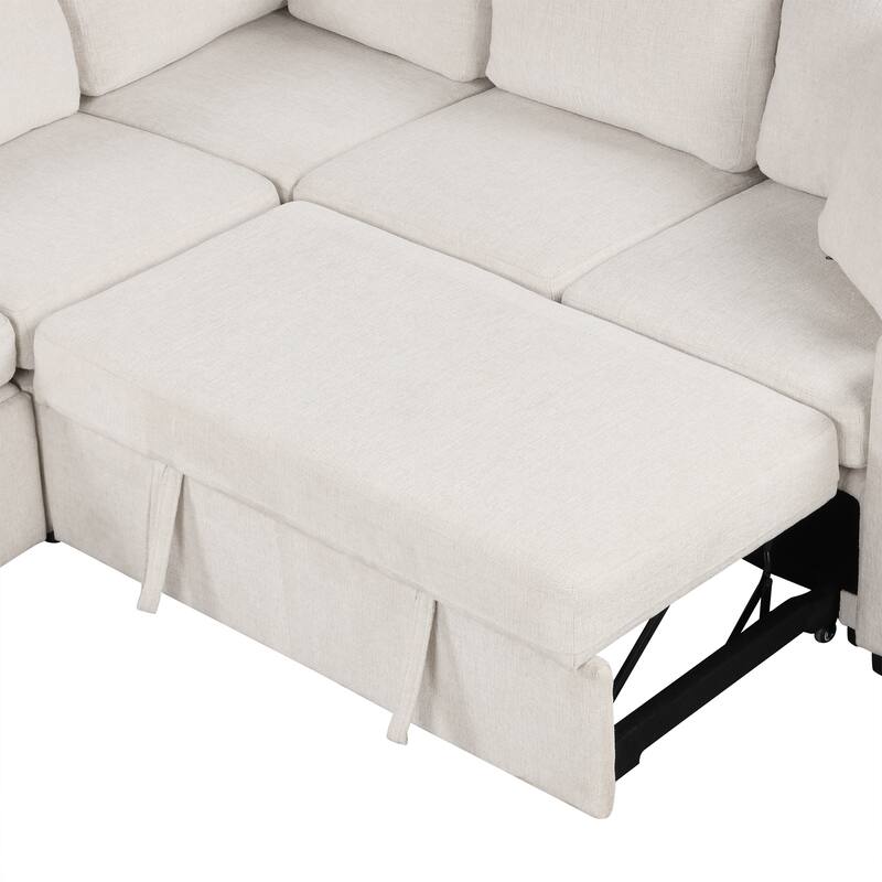 107.1" U-shaped Beige Chenille Convertible Pull-out Sectional Sofa Bed for Living Room