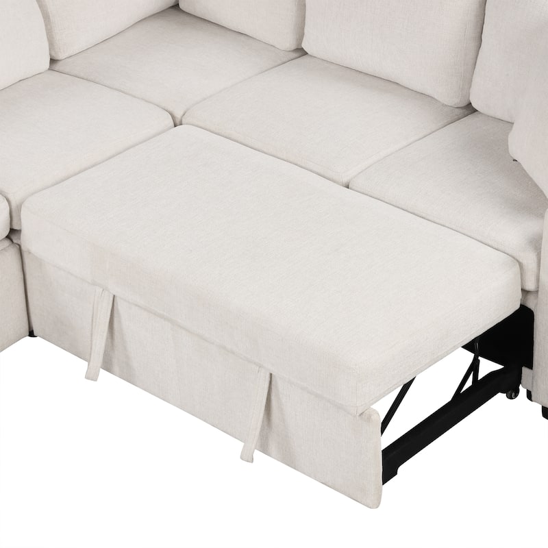 Convertible Sectional Sofa with Pull-out Sofa Bed and Dual Cup Holders