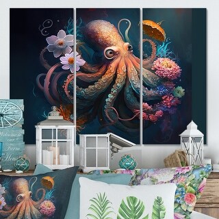 Designart "Octopus In The Ocean With Flowers II" Animal Octopus Canvas ...