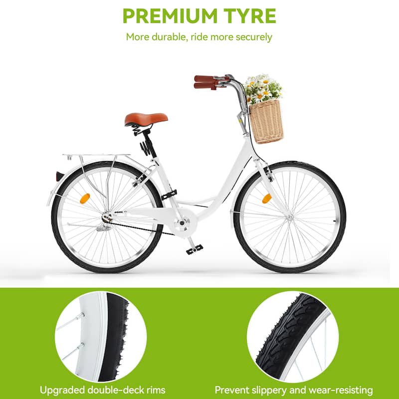 26 Inch Beach Cruiser Bike for Women - 1 Speed Commute Bike for Adults - Womens Bicycle with Adjustable Seat in Pink/White - 26“