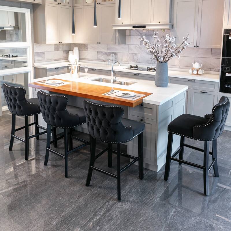 Velvet Upholstered Wing-Back Barstools Set of 4