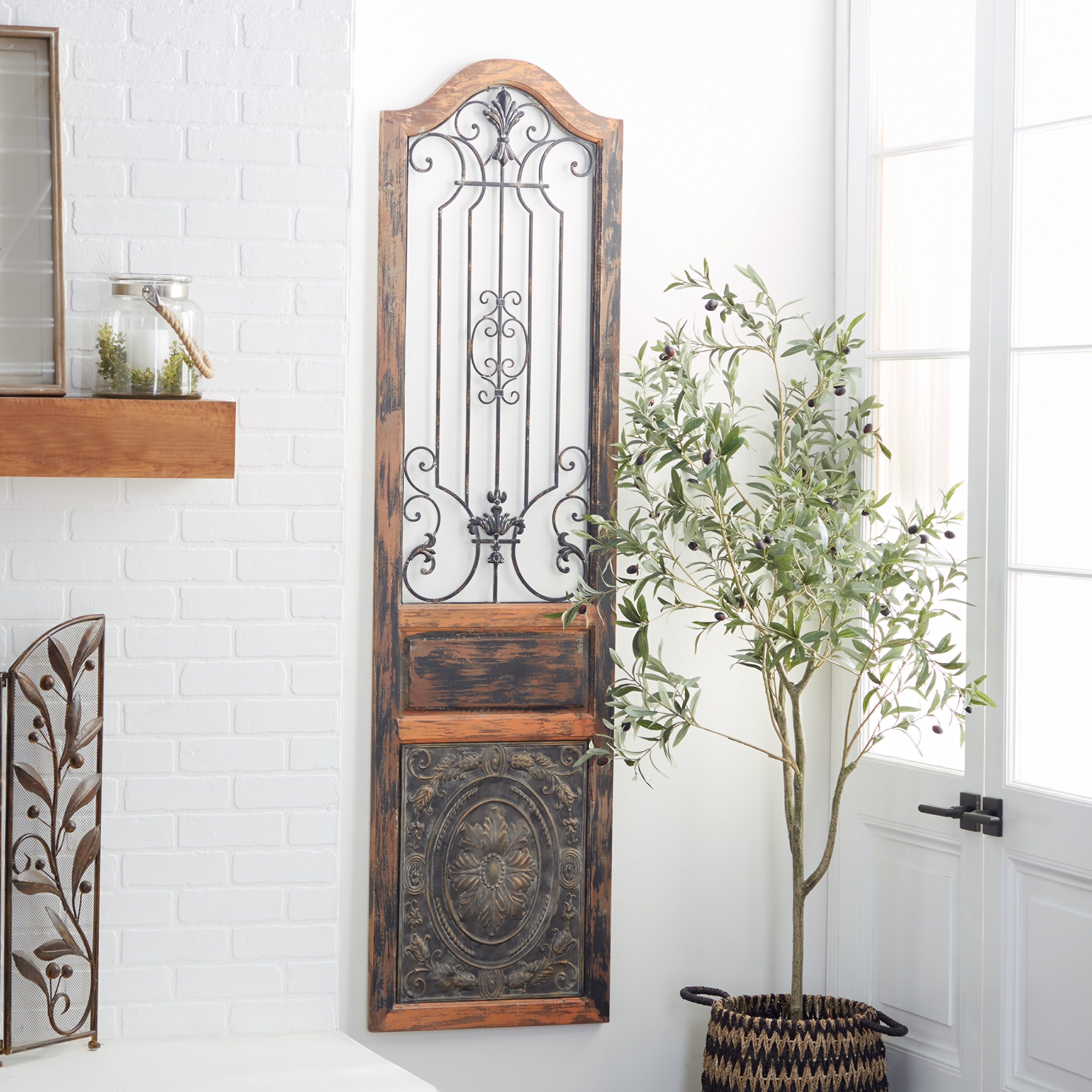 Brown Wood Distressed Door Inspired Ornamental Scroll Wall Decor with Metal  Wire Details Bed Bath  Beyond 8674433