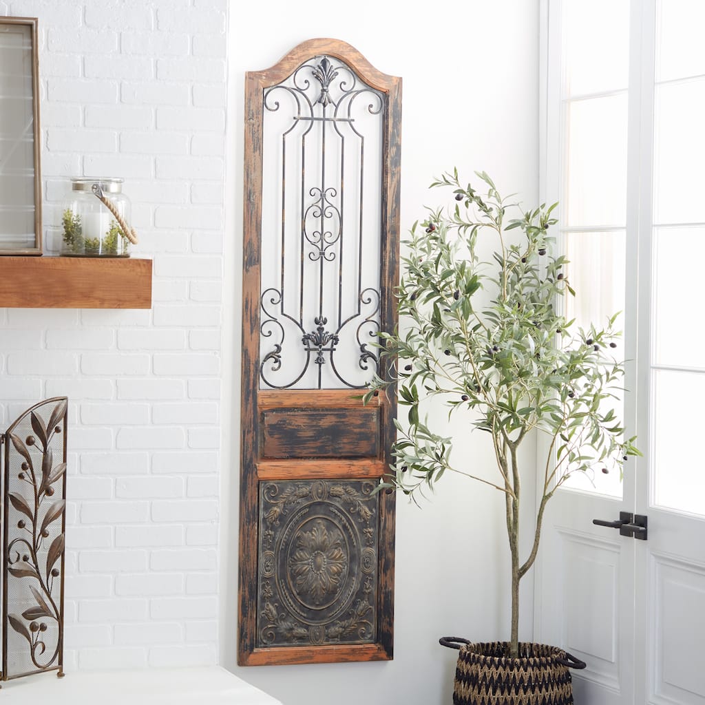 Brown Wood Distressed Door Inspired Ornamental Scroll Home Wall Decor with Metal Wire Details