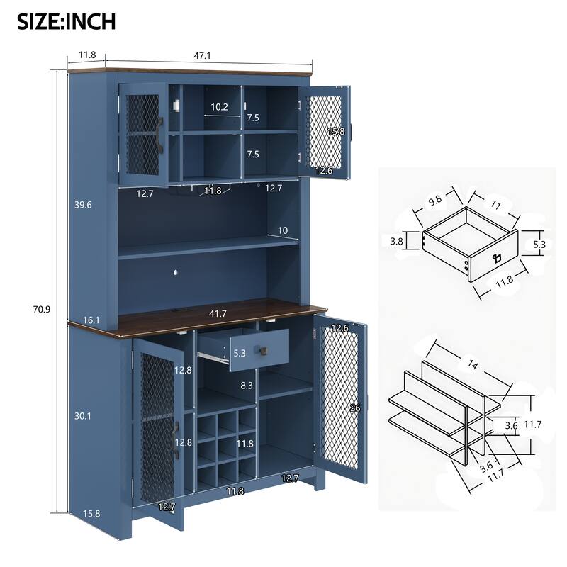 Rustic 70.9" Kitchen Hutch Pantry with LED Lights, AC/USB Outlets, Wine Bottle Rack, Glass Storage and Adjustable Shelves
