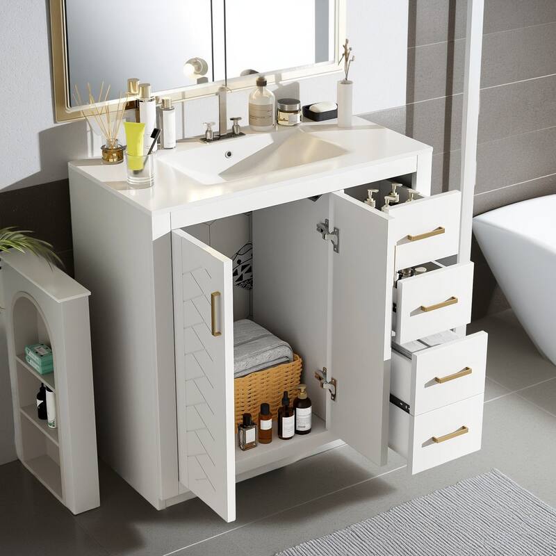 36'' Freestanding Bathroom Vanity with Sink, Solid Wood Frame, 3 Drawers