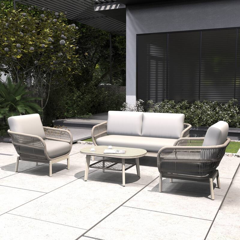 4-Piece Outdoor Acacia Wood Conversation Set with Oval Coffee Table
