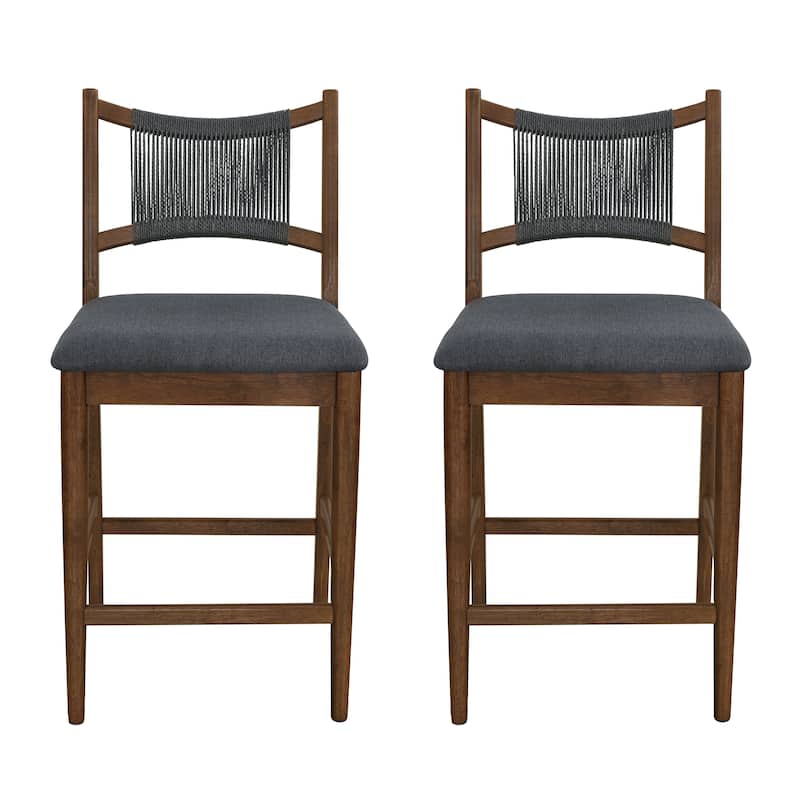 Christopher Knight Home - Arno Mid-Century Modern Upholstered Counter Stool with Rope Back and Solid Wood Frame Set - 21"W