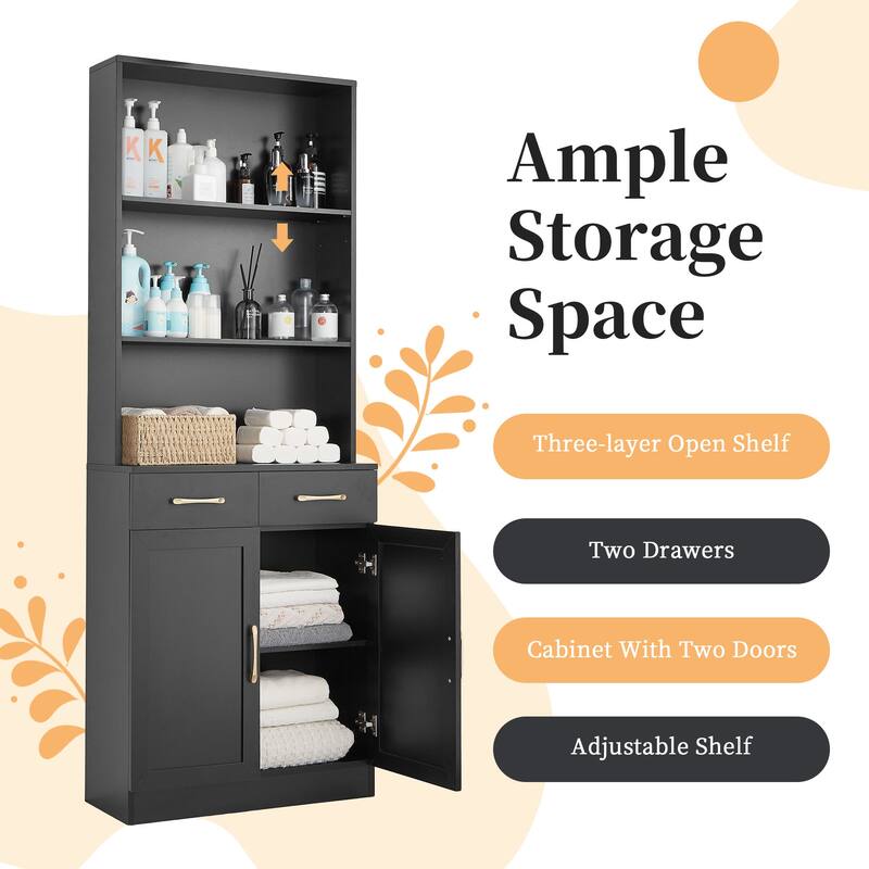 Storage Cabinet for Bathroom, 2 Doors Wooden Cabinet with 2 Drawers Three-layer Open Shelf, Bathroom Floor Cabinets